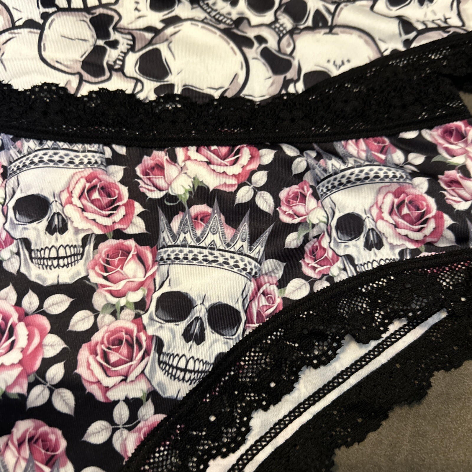 Morvia 3pk lace trim goth Emo Skaters panties M skulls & Flowers Underwear New