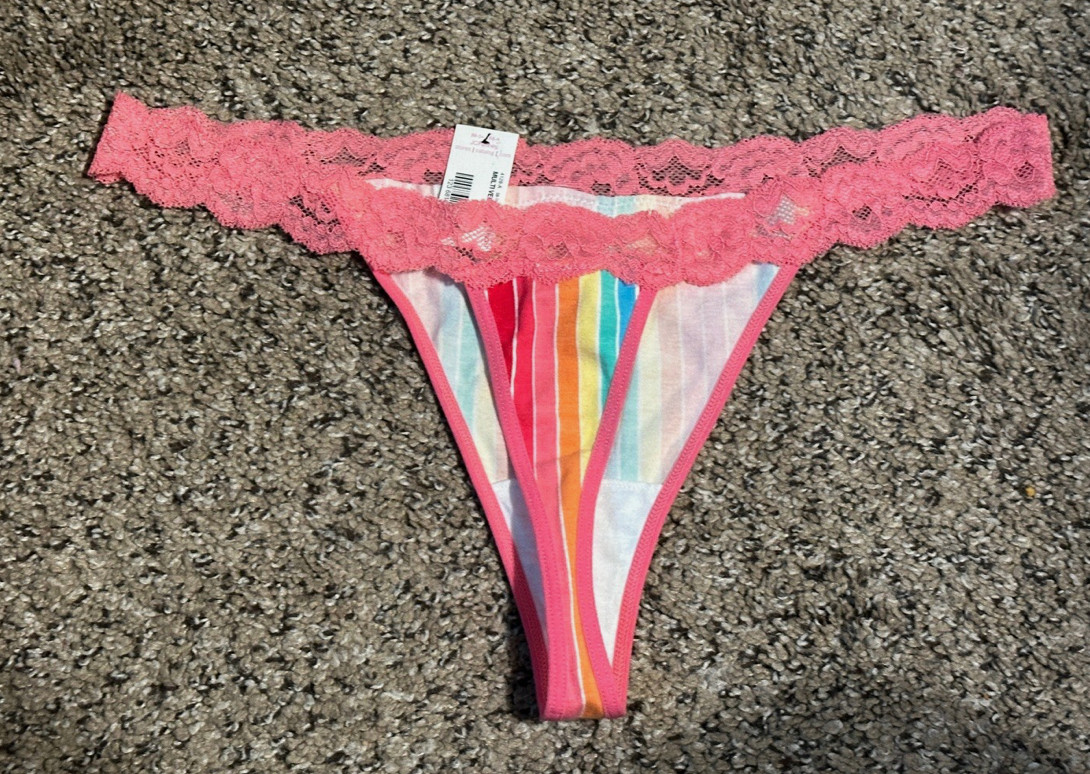 NWT Flirtitude Y2K Rainbow Candy Stripe Teen Retro Pink THONG w/ Lace • Sz 8 XL
