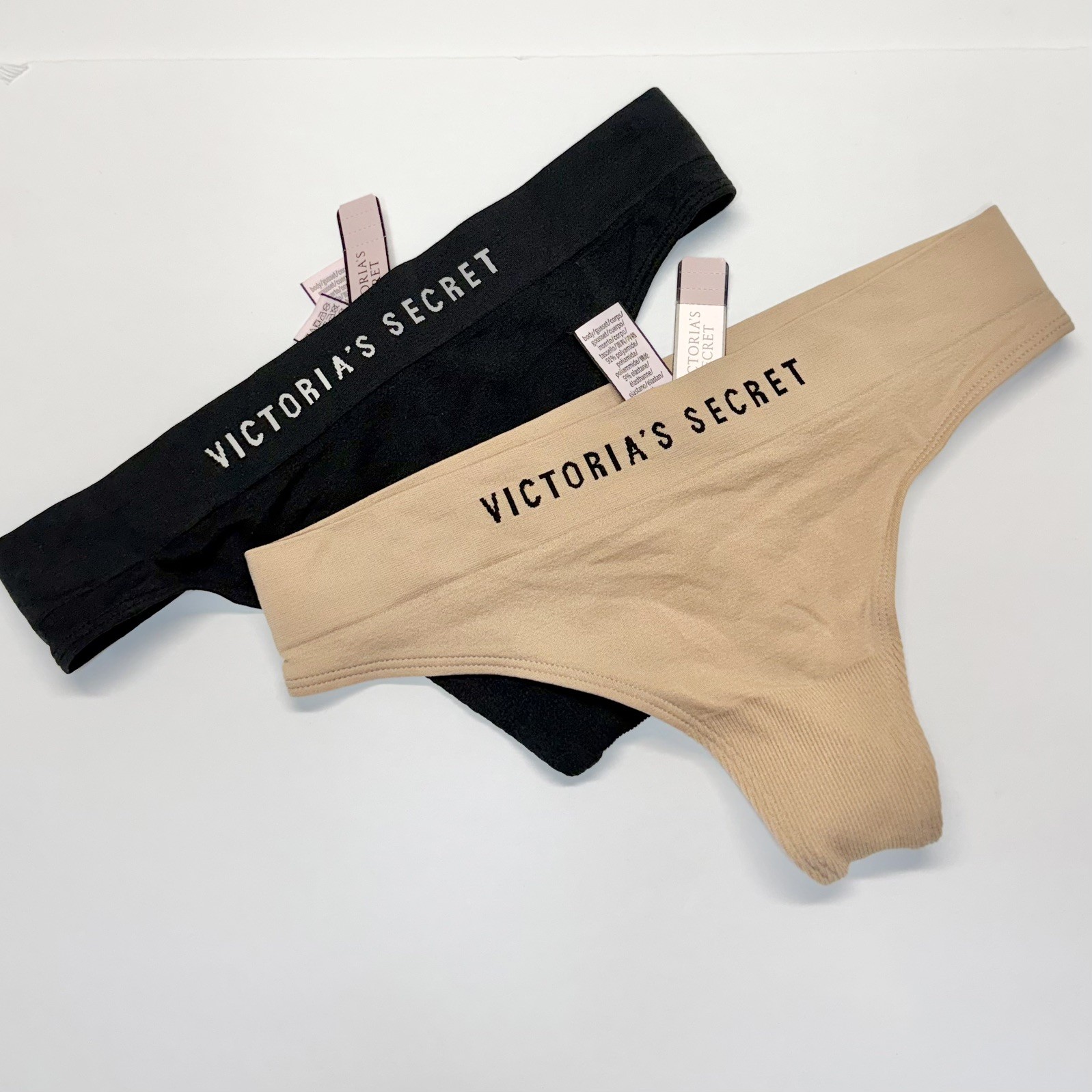 Set of 2 Vintage Victoria’s Secret Logo Band Soft Nude Black Thong Panties Med