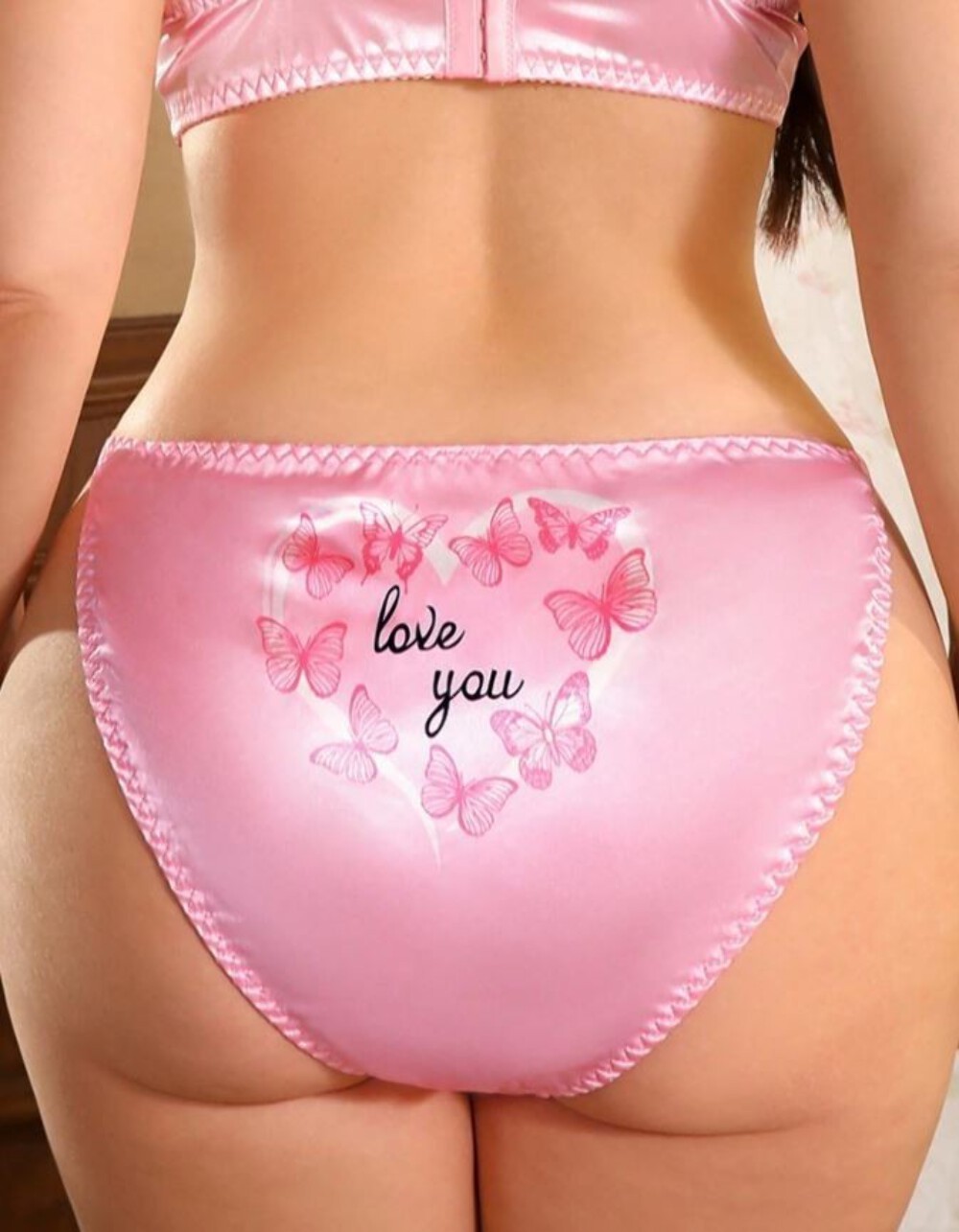 🌸Ladies Pink Satin Butterfly Knickers Love You Print tanga style size 2XL 20