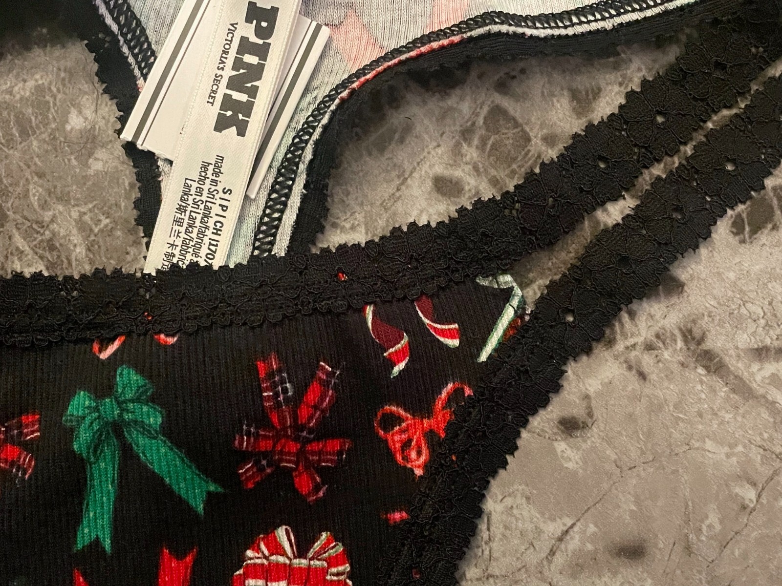 VICTORIA’S SECRET PINK S HOLIDAY BOW RIB KNIT LACE DOUBLE STRAPPY THONG PANTIES
