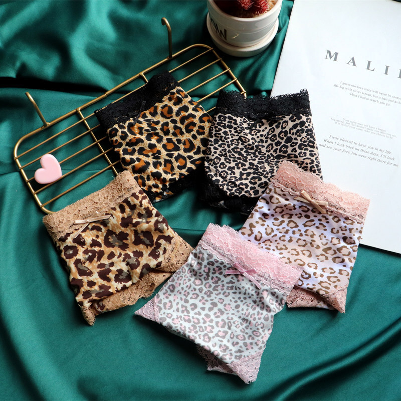 5PCS/LOT Womens Sexy Panties Brief Leopard Print Lace Underwear Lingerie Hipster