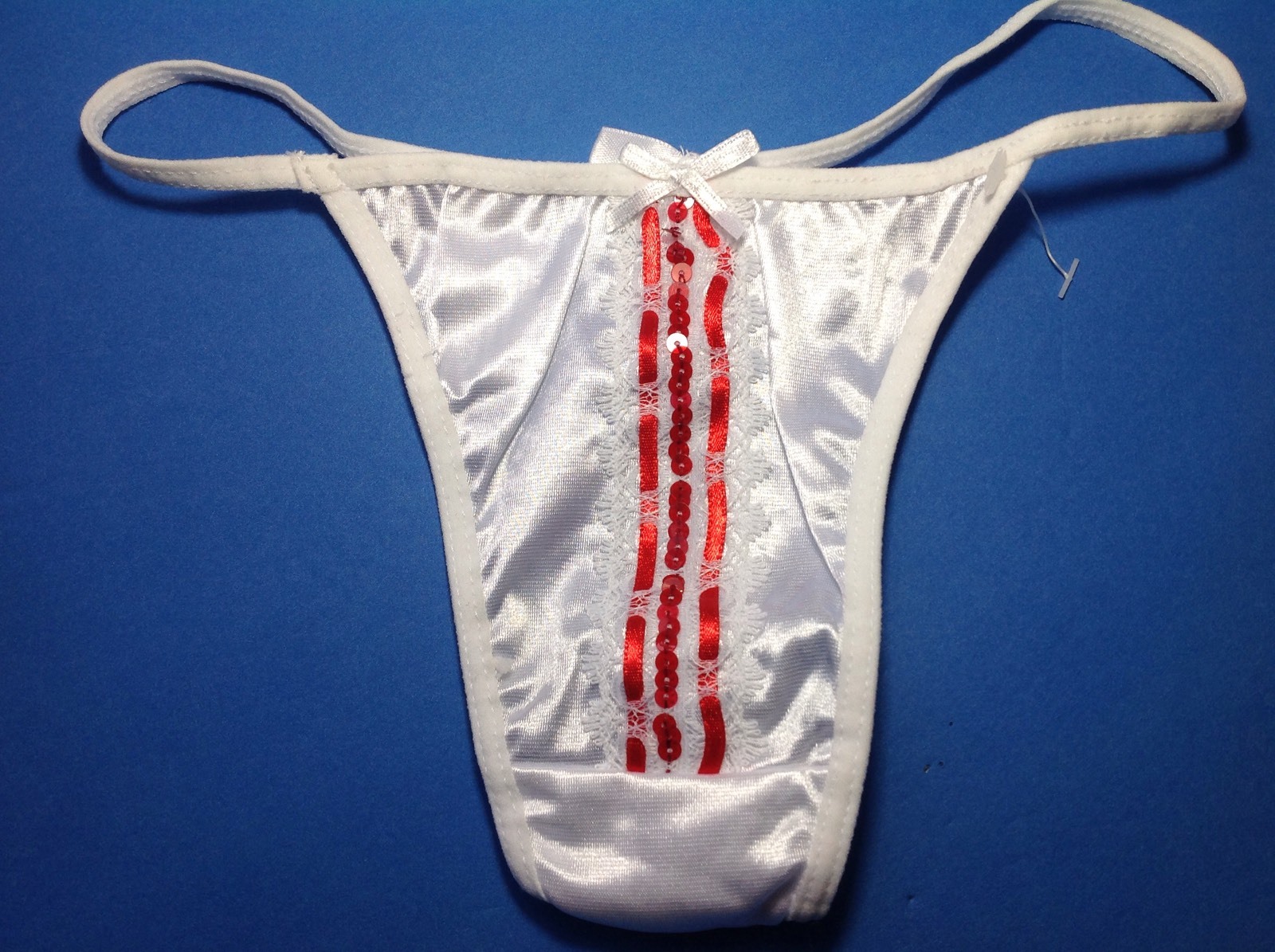 Women Panties,Thongs Size S/5 Small White Satin W/Decoration&Ornamentation