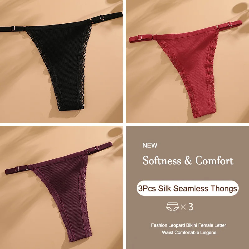 Low Rise Thong Panties Cotton Seamless Stretch Breathable Adjustable Fit 3PCS