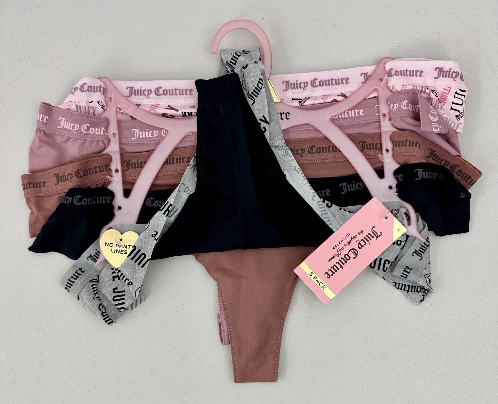 Juicy Couture Women’s L 5-Pack Thong Pinks, Grey & Black Logo & Solid Patterns