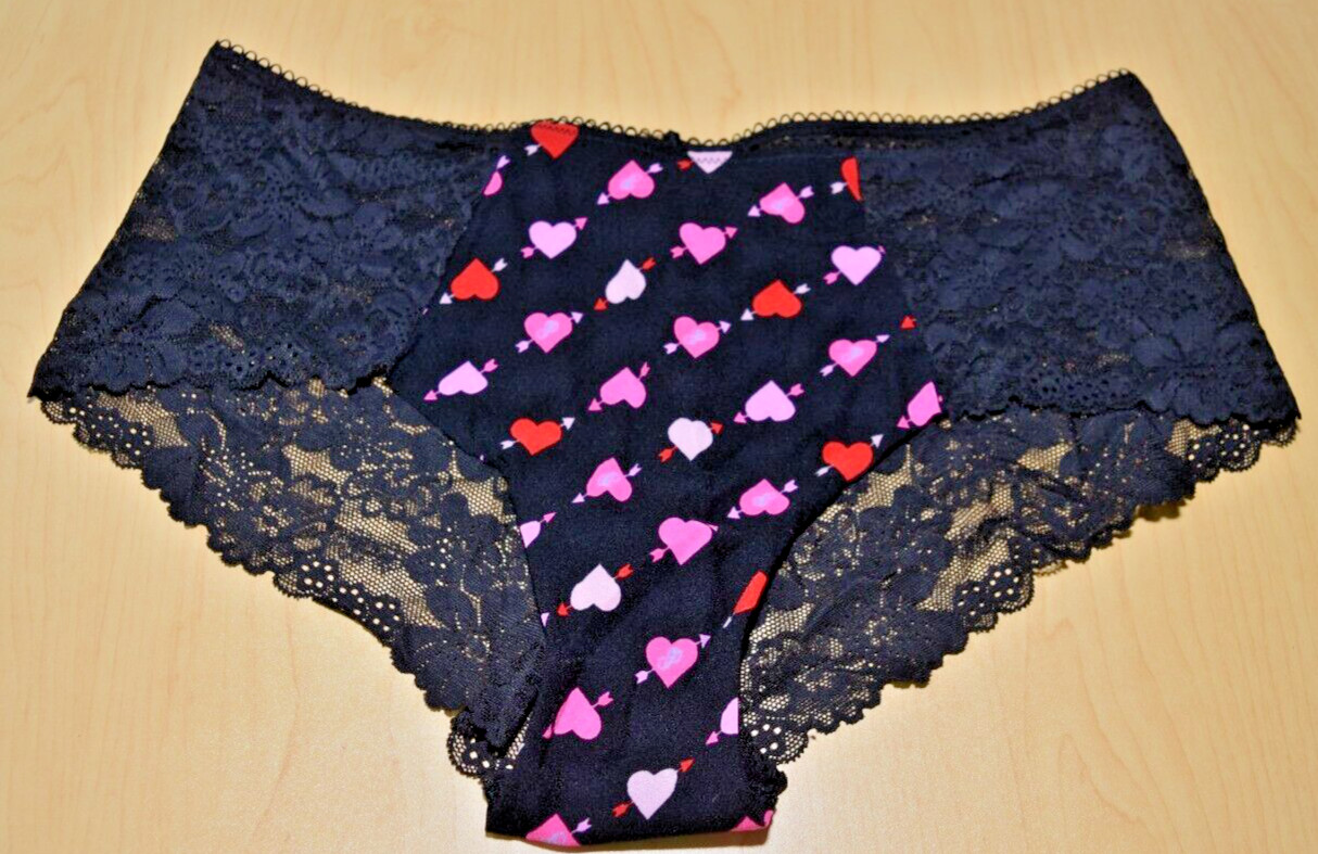 NWT Victorias Secret Pink Multicolor Hearts Lace Cheeky Panty Black L Large