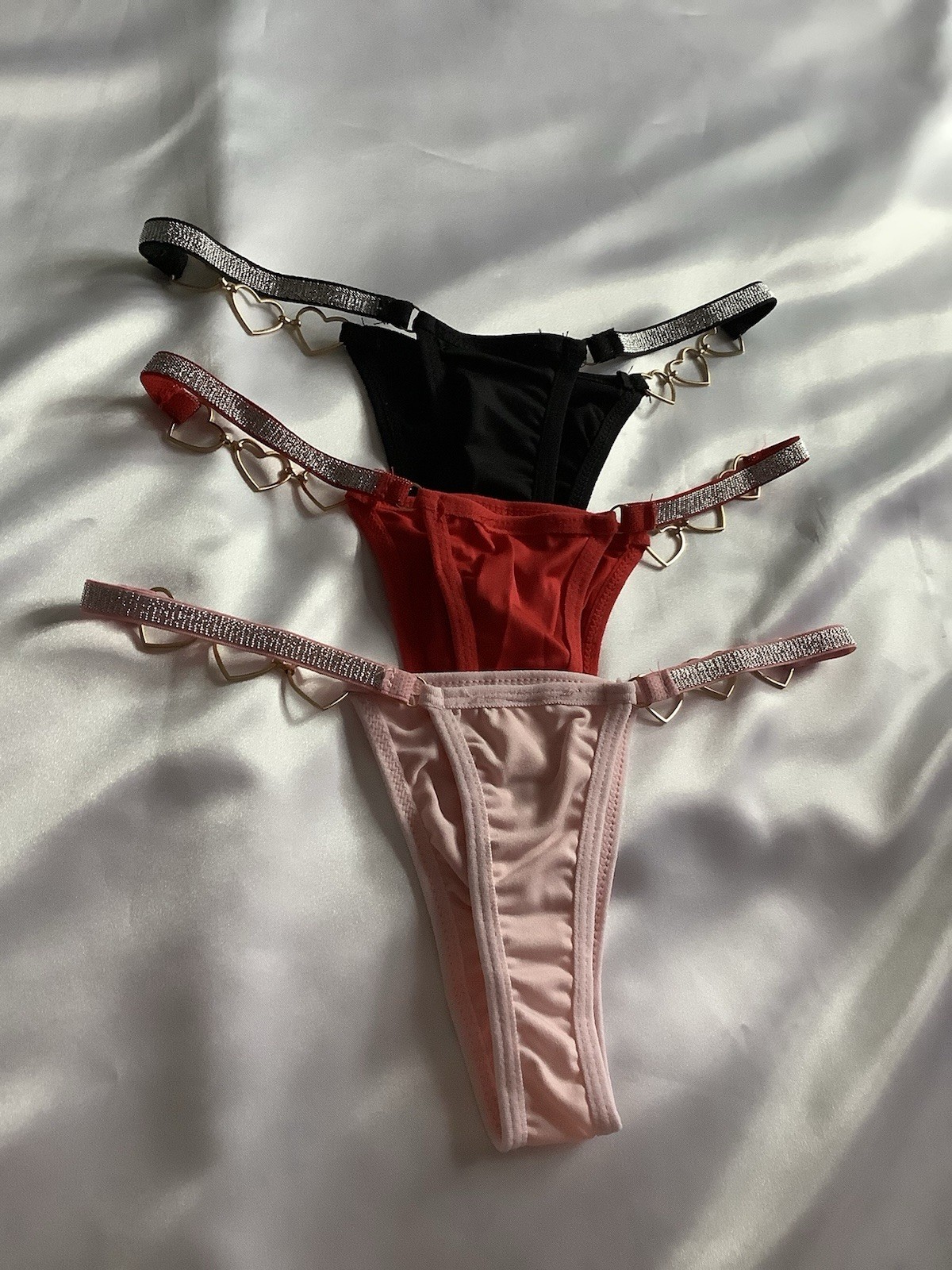 Women’s Satin Thong Panties Heart Charm Strap Red, Pink, Black 3pk Small