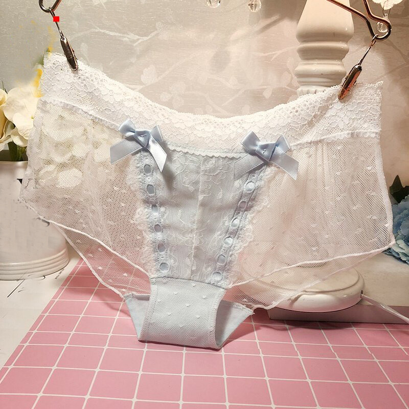 Japanese Sweet Girls Bow Underwear Briefs Womens Lace Panties Sheer Underpants