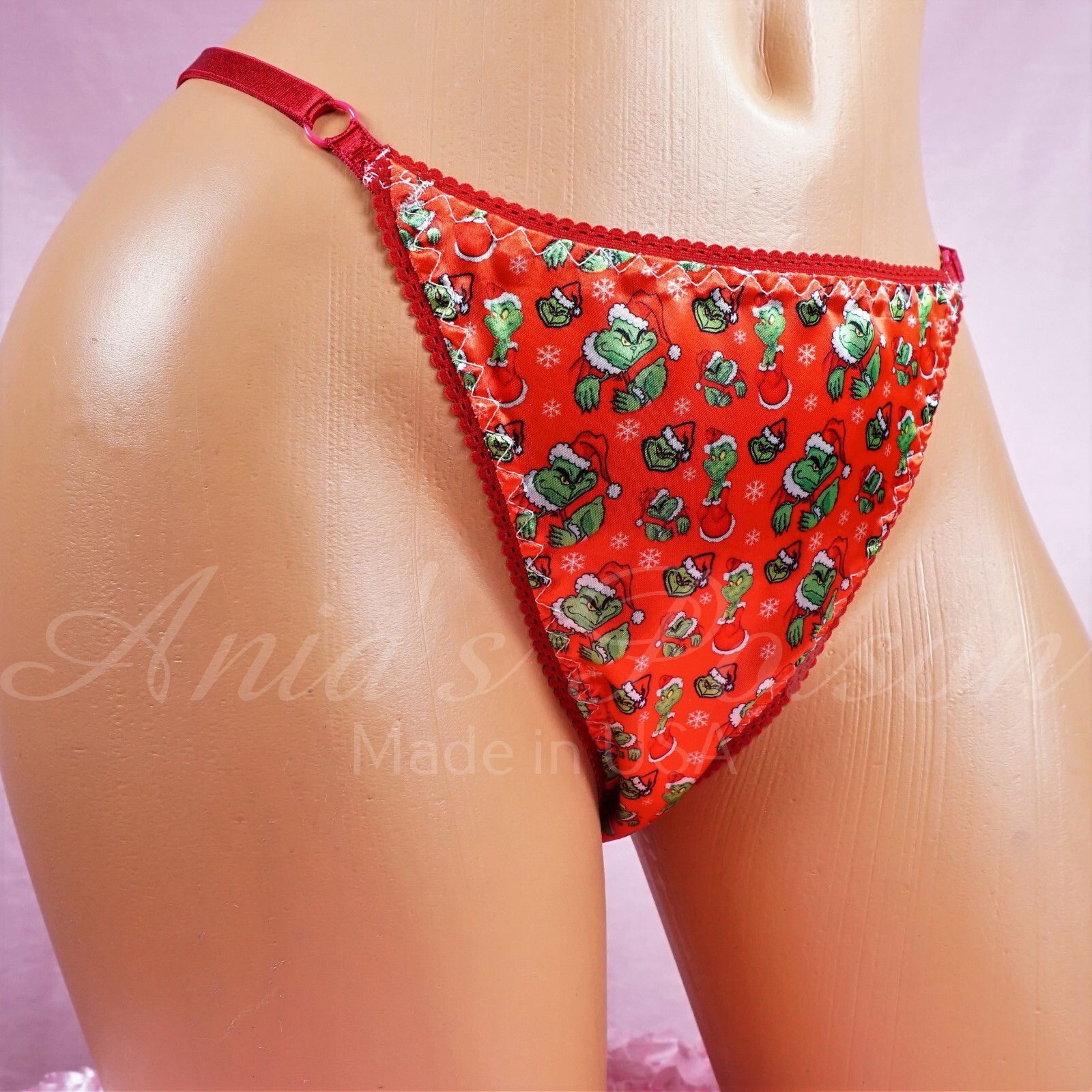 Christmas SATIN sissy ladies panties Adjustable Red Santa Grouch triangle thong