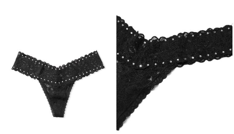 Victorias Secret Black Lacie Thong Panties Size L Sexy Rhinestone Accents Flirty