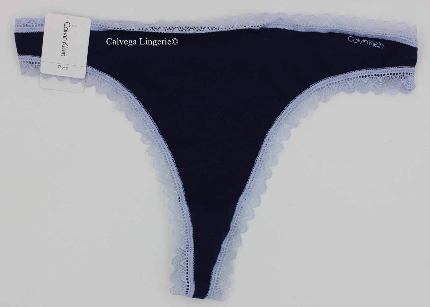 NWT Calvin Klein QD3824 “Flirty” Lace-Trim Cotton Thong, Dark / Light Blue, XL