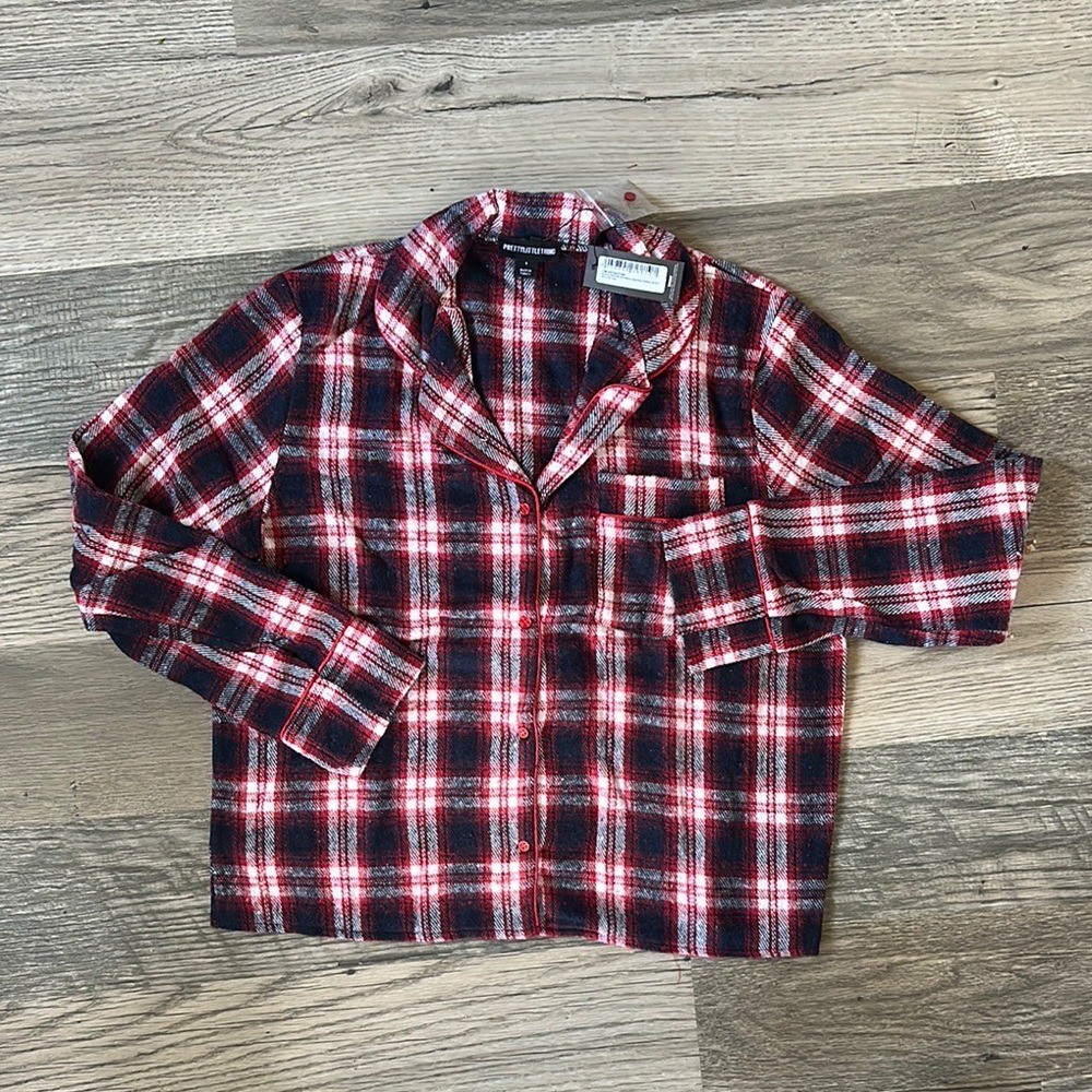 Pretty little thing brushed check Red and Black Plaid Button-Up Pajama top small