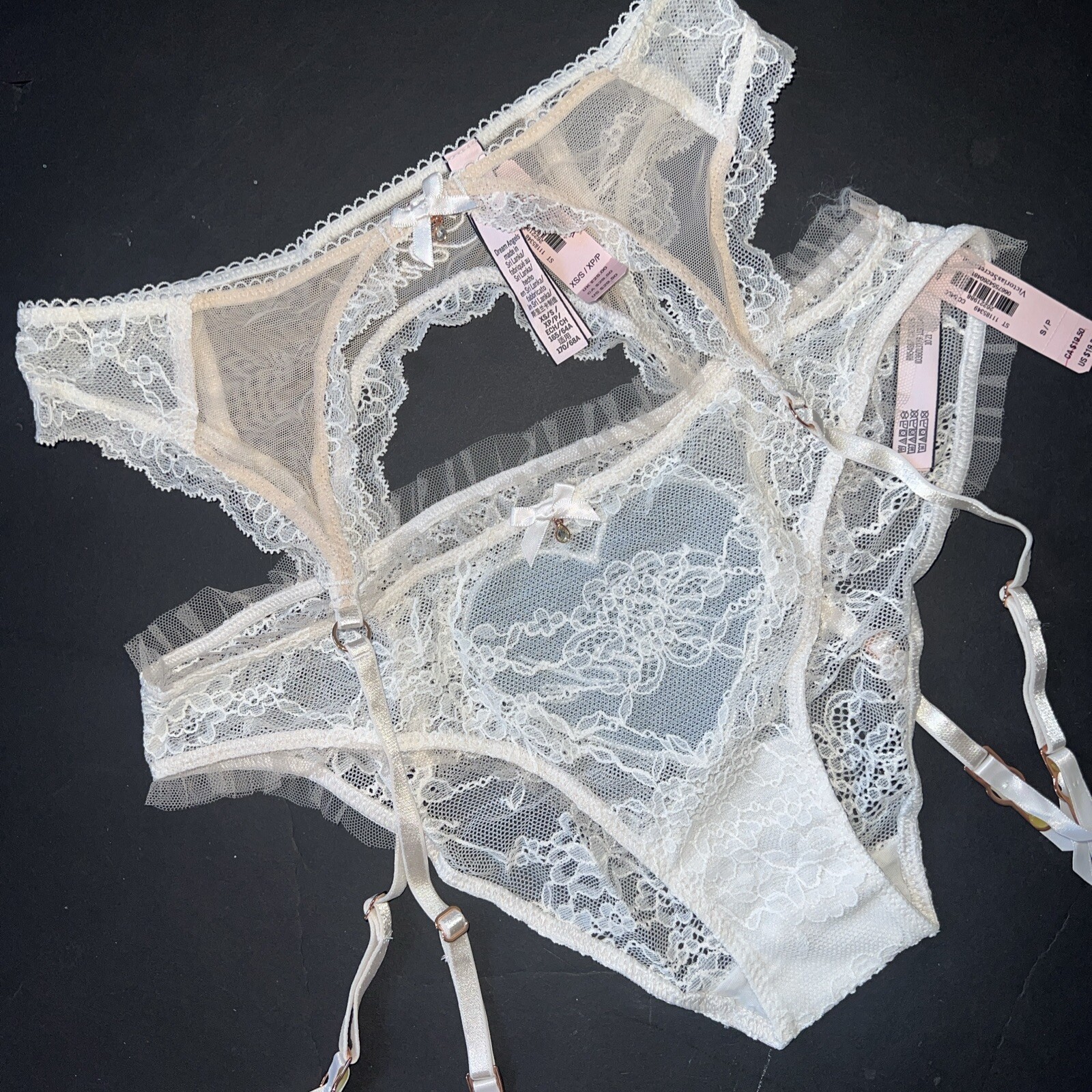 Victoria’s Secret L panty+GARTER belt BEIGE WHITE FLORAL EMBROIDERY I DO BRIDE