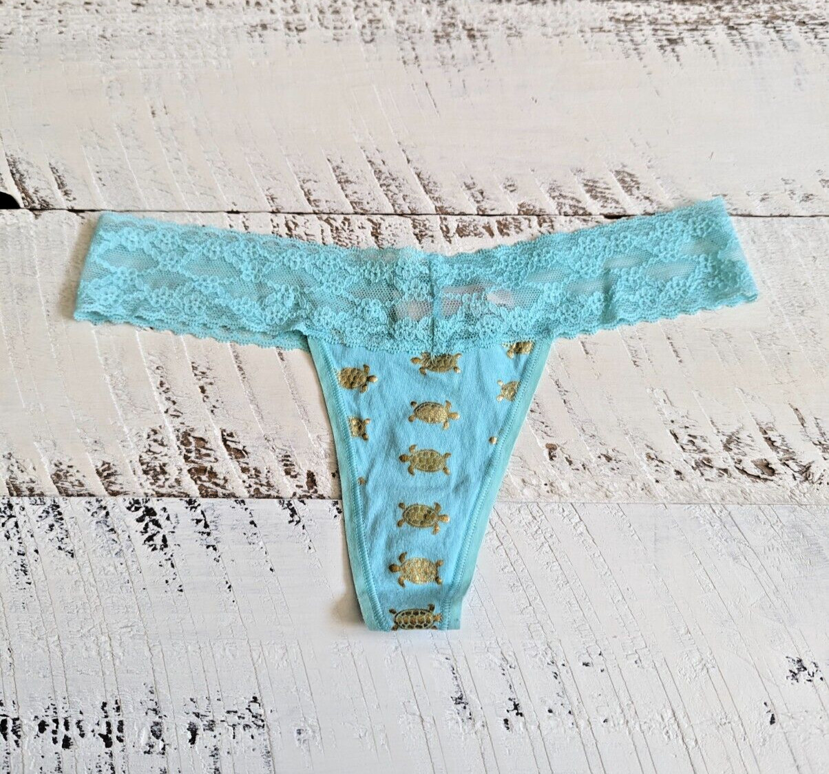 Vintage Victoria’s Secret Size XS Aqua & Gold Foil Turtle Print Lace Trim Thong