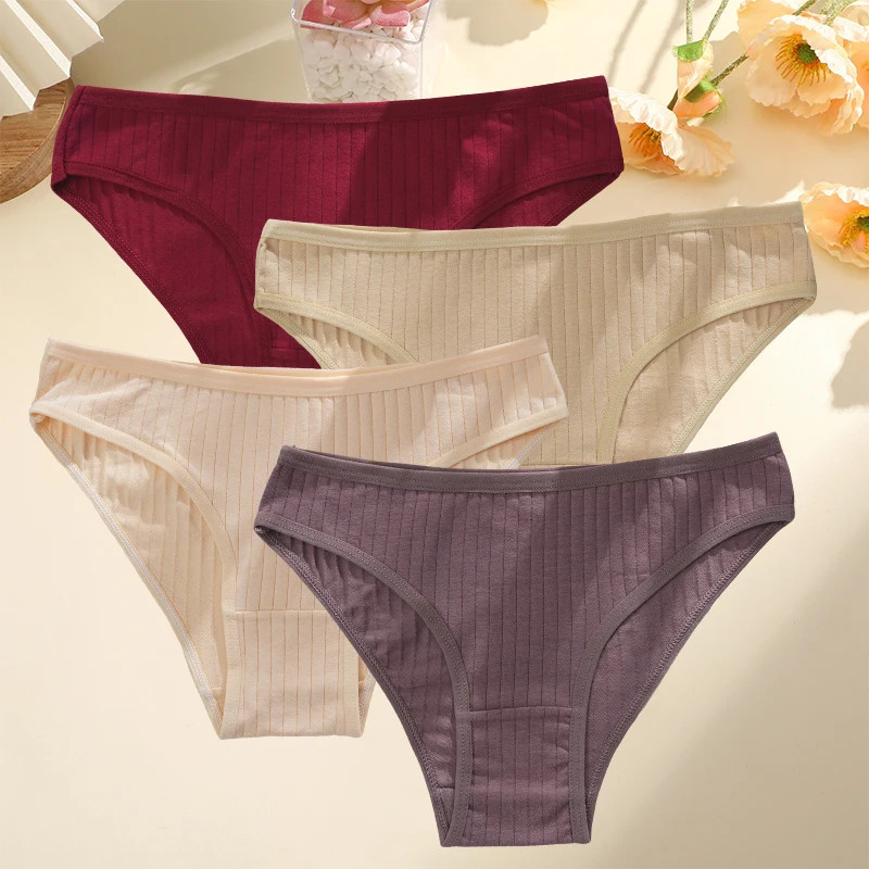 4PCS/SET Women’s Cotton Panties Sexy Soft Striped Underpants 12 Solid Color.