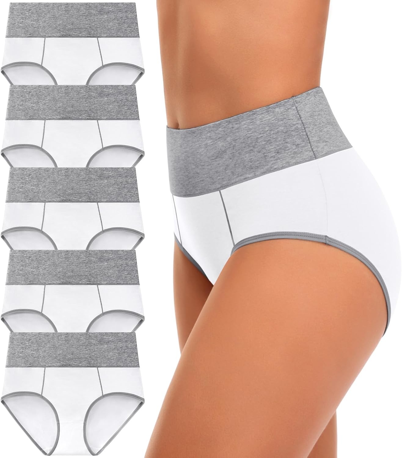 5Pcs Womens High Waisted Cotton No Muffin Top Full Coverage Soft Stretch Panties