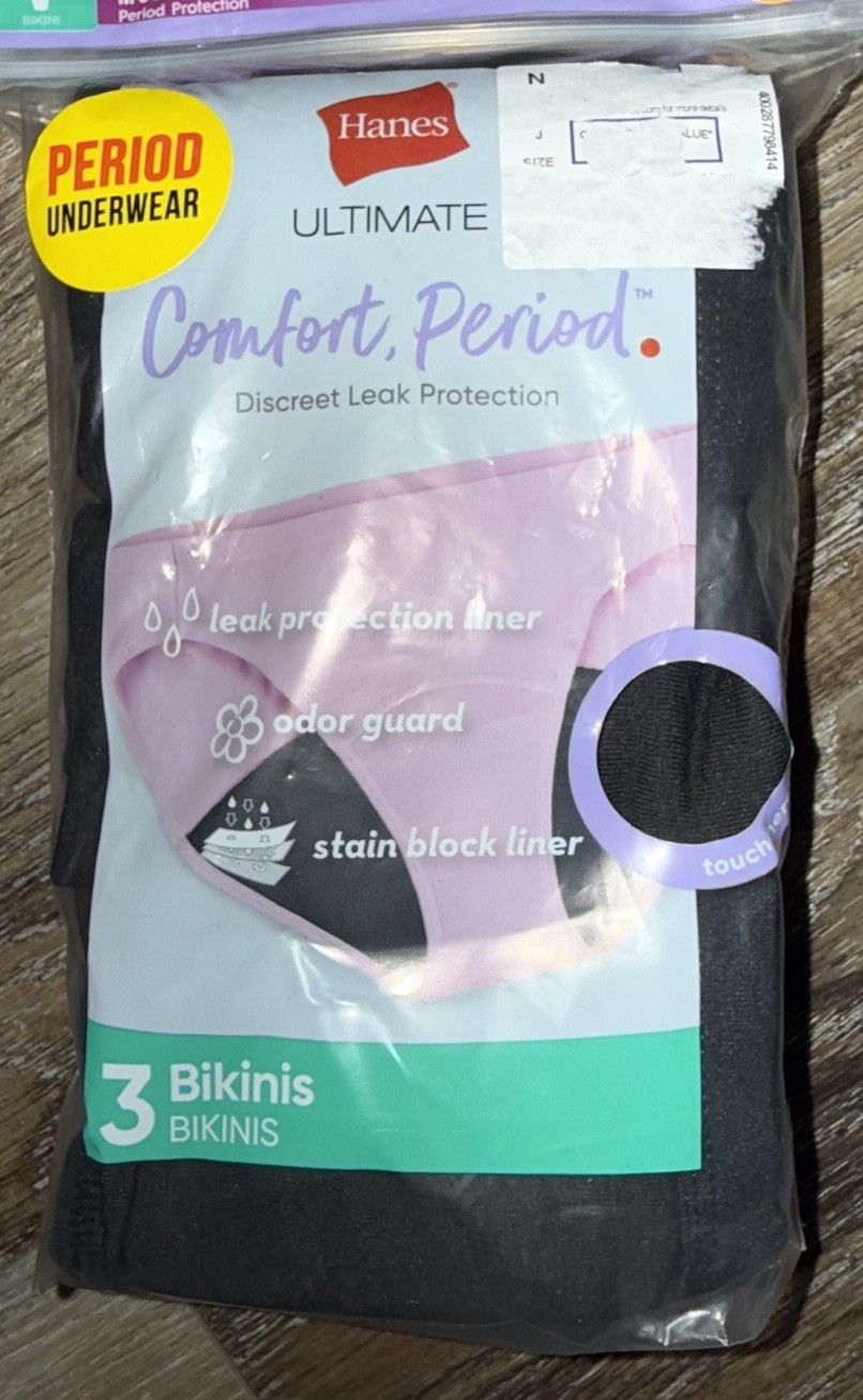 Hanes Womens Period Bikinis Leak Protection Underwear Panties 3-Pack Black XL/8