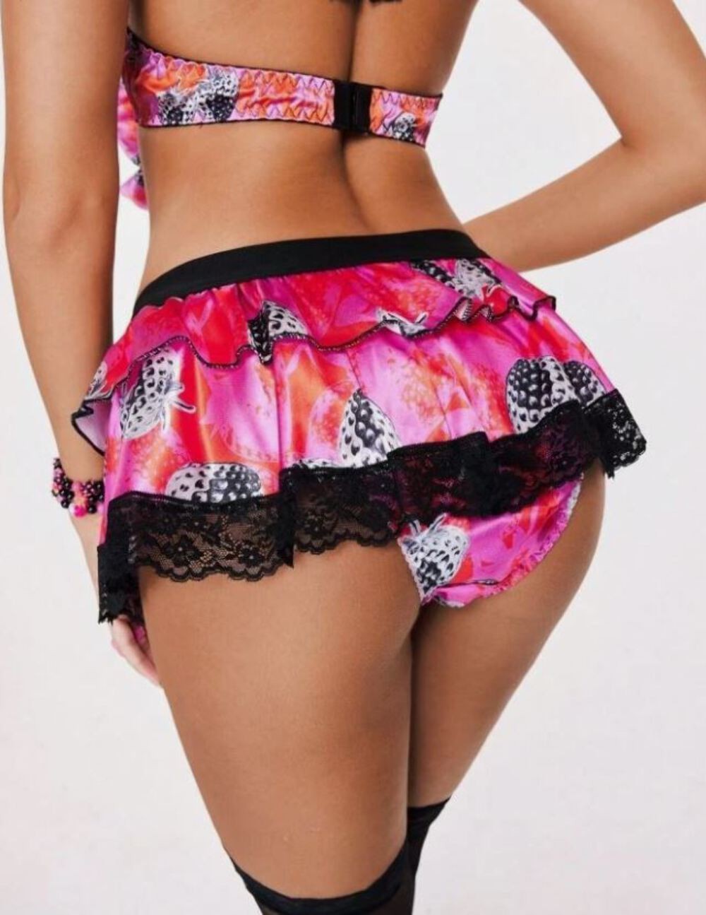 Soft silky satin feel cute strawberry print black lace trim cheeky fit size S 8