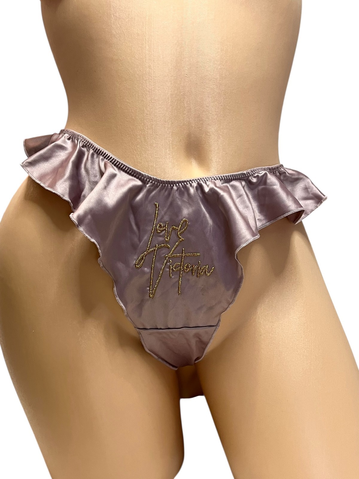 Victoria’s Secret Satin Ruffle Thong Panty Large “Love Victoria” Rose  Mauve NWT