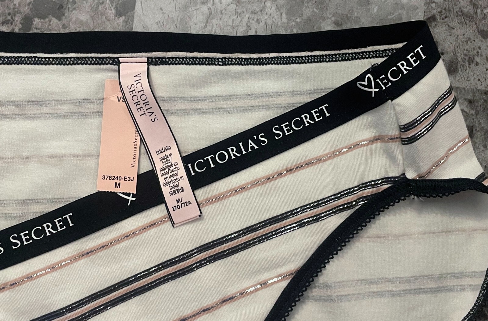 NWT VICTORIA’S SECRET M BLACK WHITE BEIGE SILVER STRIPE HEART LOGO BRIEF PANTIES