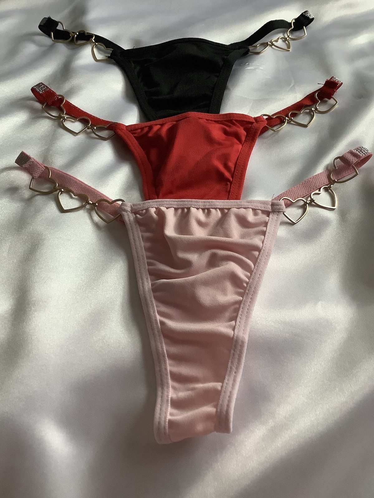 Women’s Satin Thong Panties Heart Charm Strap Red, Pink, Black 3pk Small