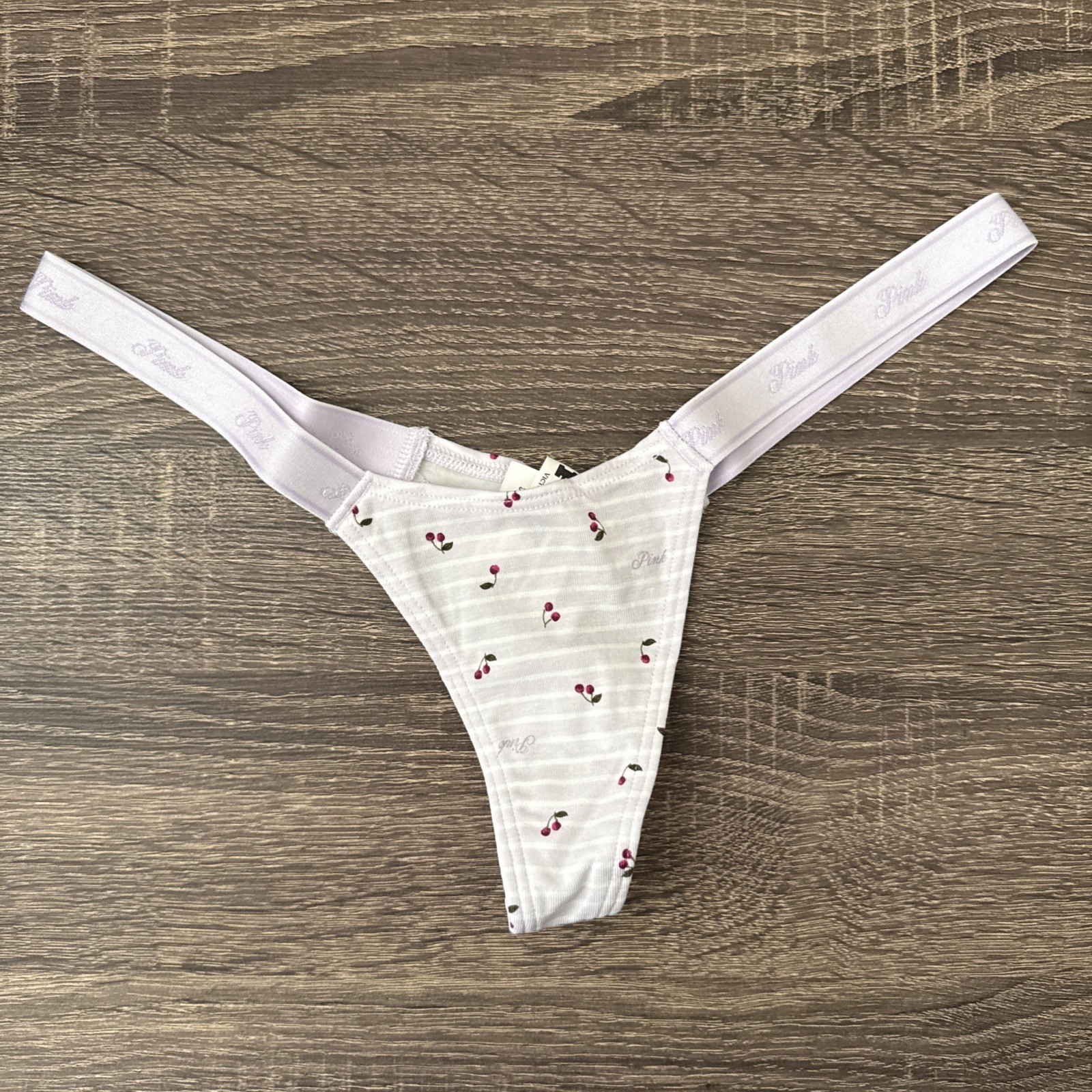 Pink By Victoria’s Secret XS Lavender Cherries, Low Rise, Logo Thong Panties