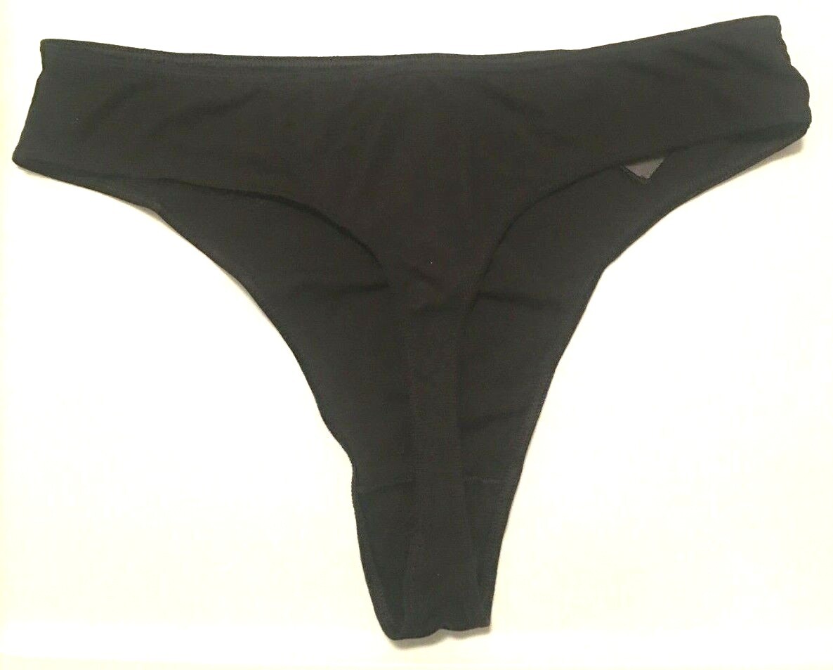 Victorias Secret Black Mid Rise ‘Angel’ Thong Panties Size L Mesh Heart SOFT NWT