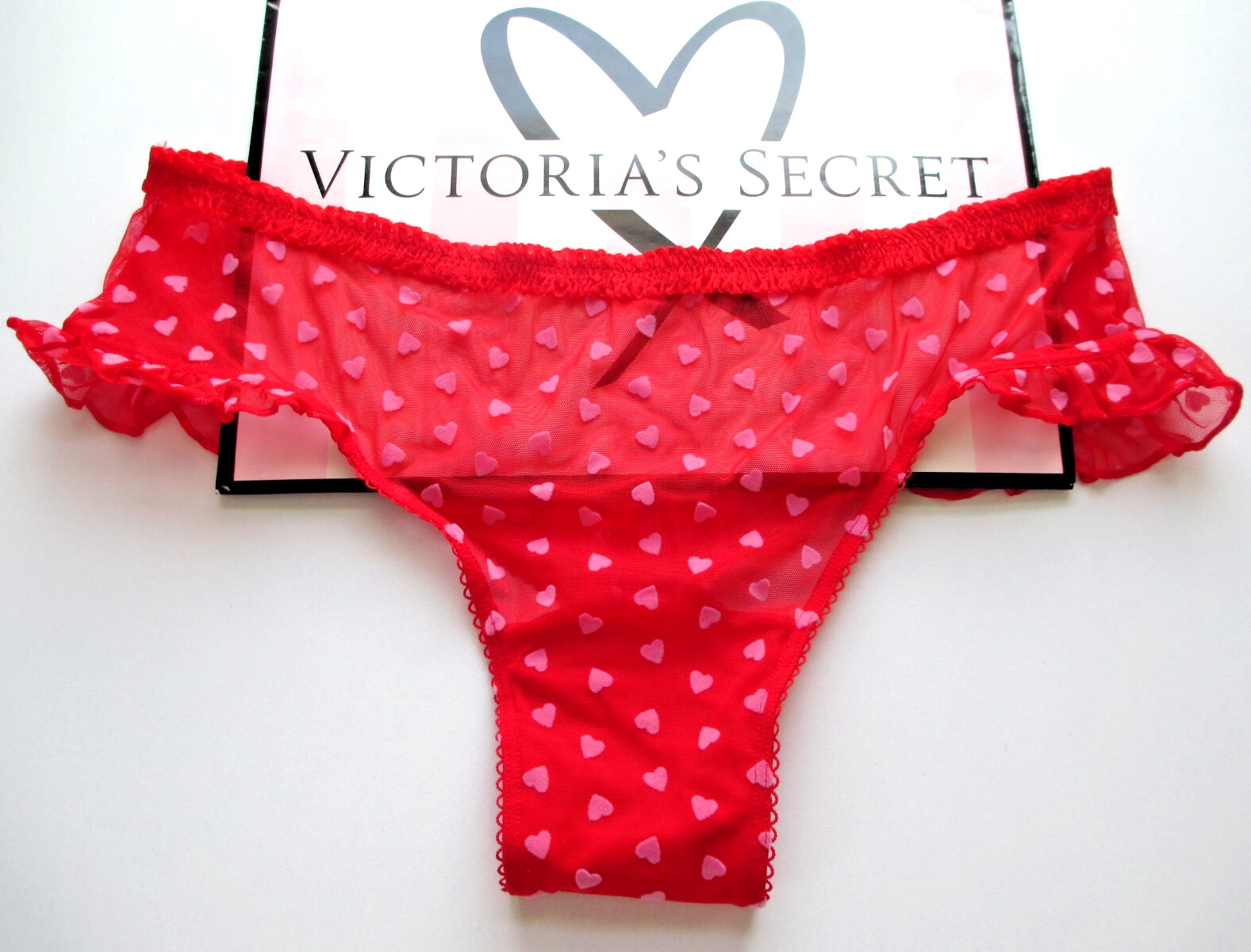 VICTORIA’S SECRET Tease High Leg Cheeky Panty VS Red Hearts Ruffle Mesh S M L XL