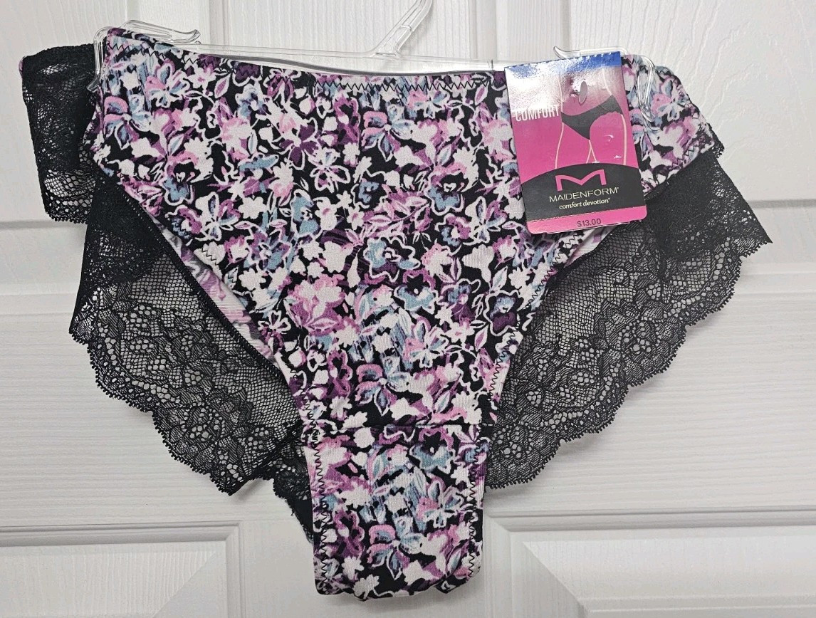 Maidenform TANGA Panty Size 8 XL Nylon Spandex 40159 Black Floral Fab Print