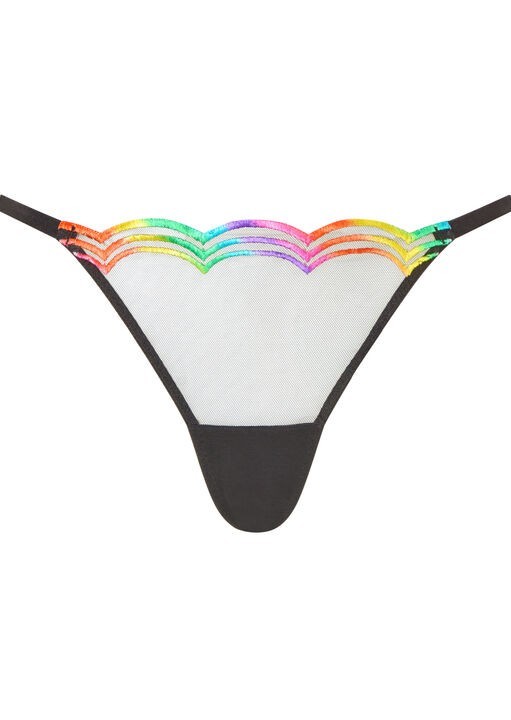 Ann Summers Black Sheer String Thong with Rainbow Embroidery, Size 6