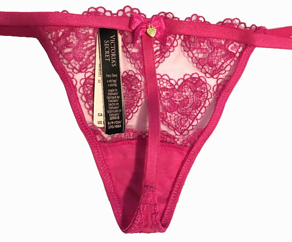 Victoria’s Secret Pink Heart Embroidery V-String Panties Size S Heart Charm Back