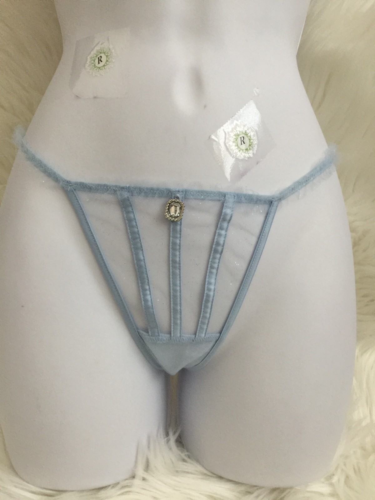 NEW VICTORIA’S SECRET BLUE TULLE GLITTER RHINESTONE JEWEL CHARM THONG XSM,LG