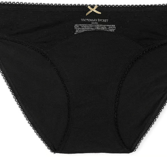 M NOIR Dk Black Dot Mesh Gold Bow Stretch Cotton Victoria’s Secret BIKINI Panty