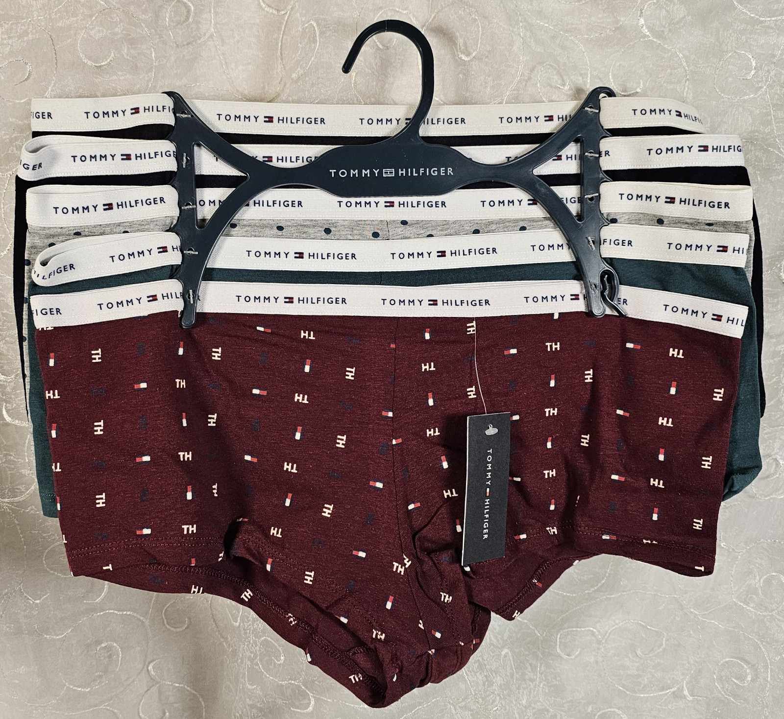 Tommy Hilfiger 5 BoyShorts L Logo Print, Polkadots, Maroon Green Gray Black Navy