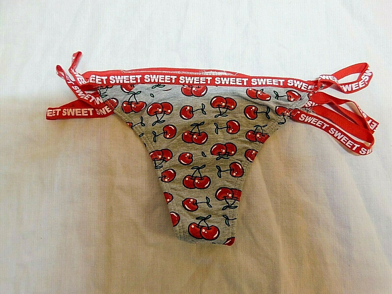 Rue 21 Women’s Thong Panties LARGE W Strappy Sides Sweet Cherries Gray & Red