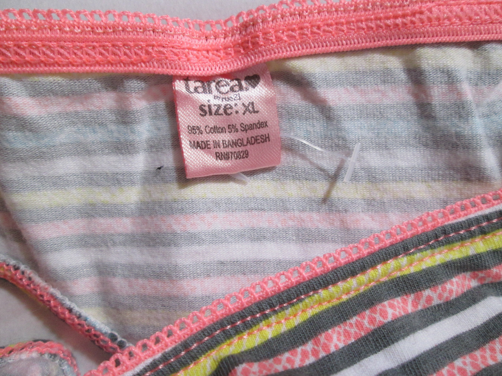 2 New 95% Cotton Thong Panties 💕 Size XL Set of Beige + Stripe w/Pink Lace