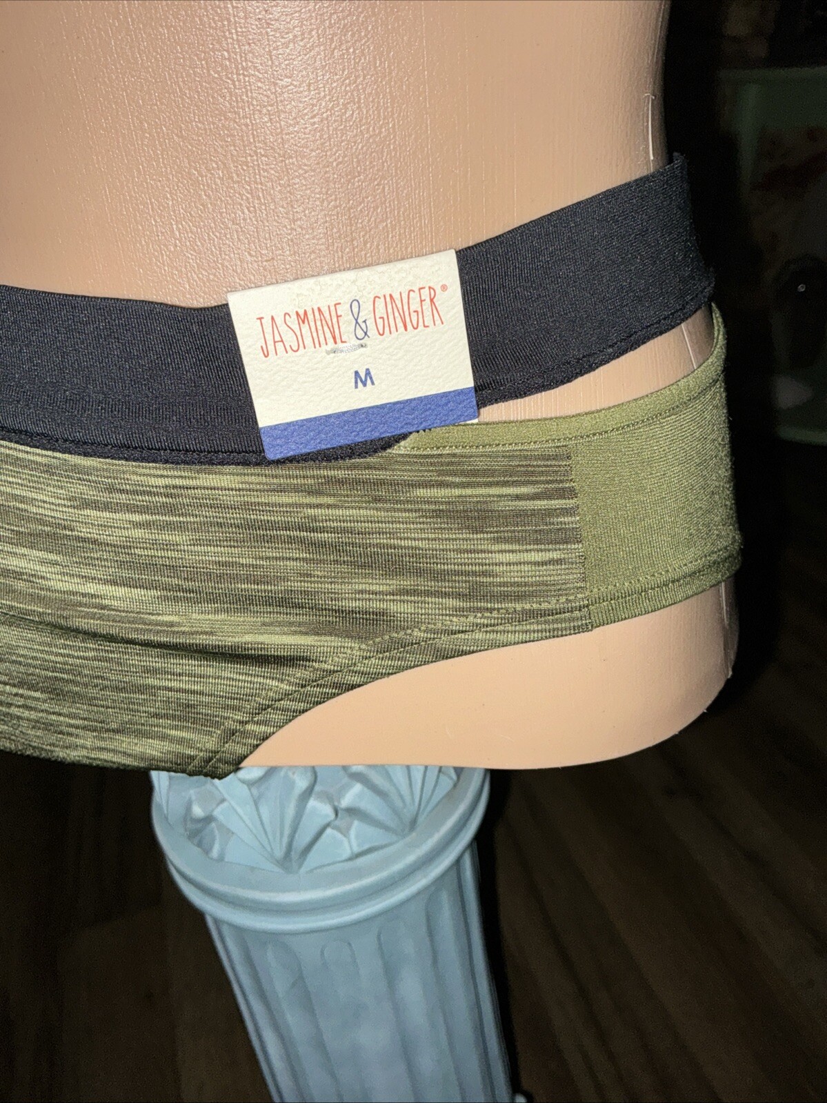 NWT JASMINE & GINGER SPLIT BAND BIKINI PANTIES Nylon S92UJ642 CAPULET OLIVE M/6