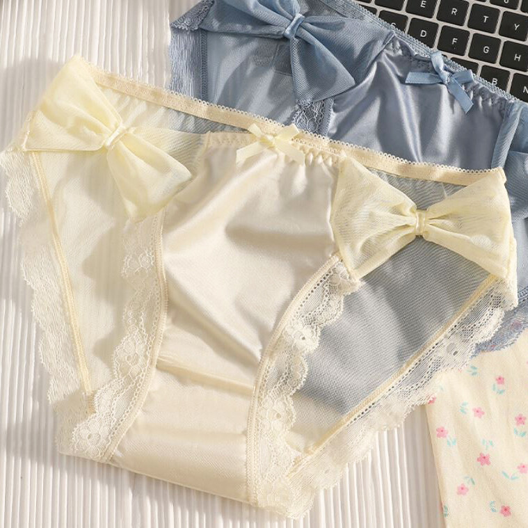 5 Pcs Lot Womens Sexy Bow Satin Panties Full Briefs Lace Mesh Underwear Intimate