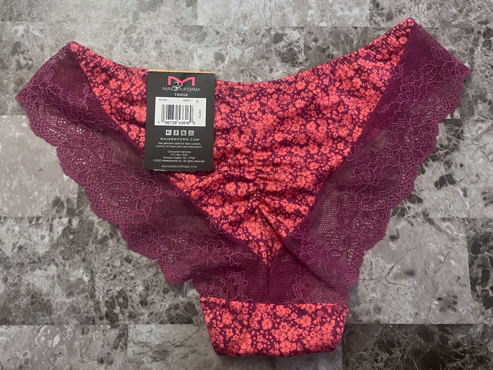 NWT MAIDENFORM SMALL SMOOTH PURPLE FLORAL LACE RUCHED TANGA CHEEKSTER PANTIES
