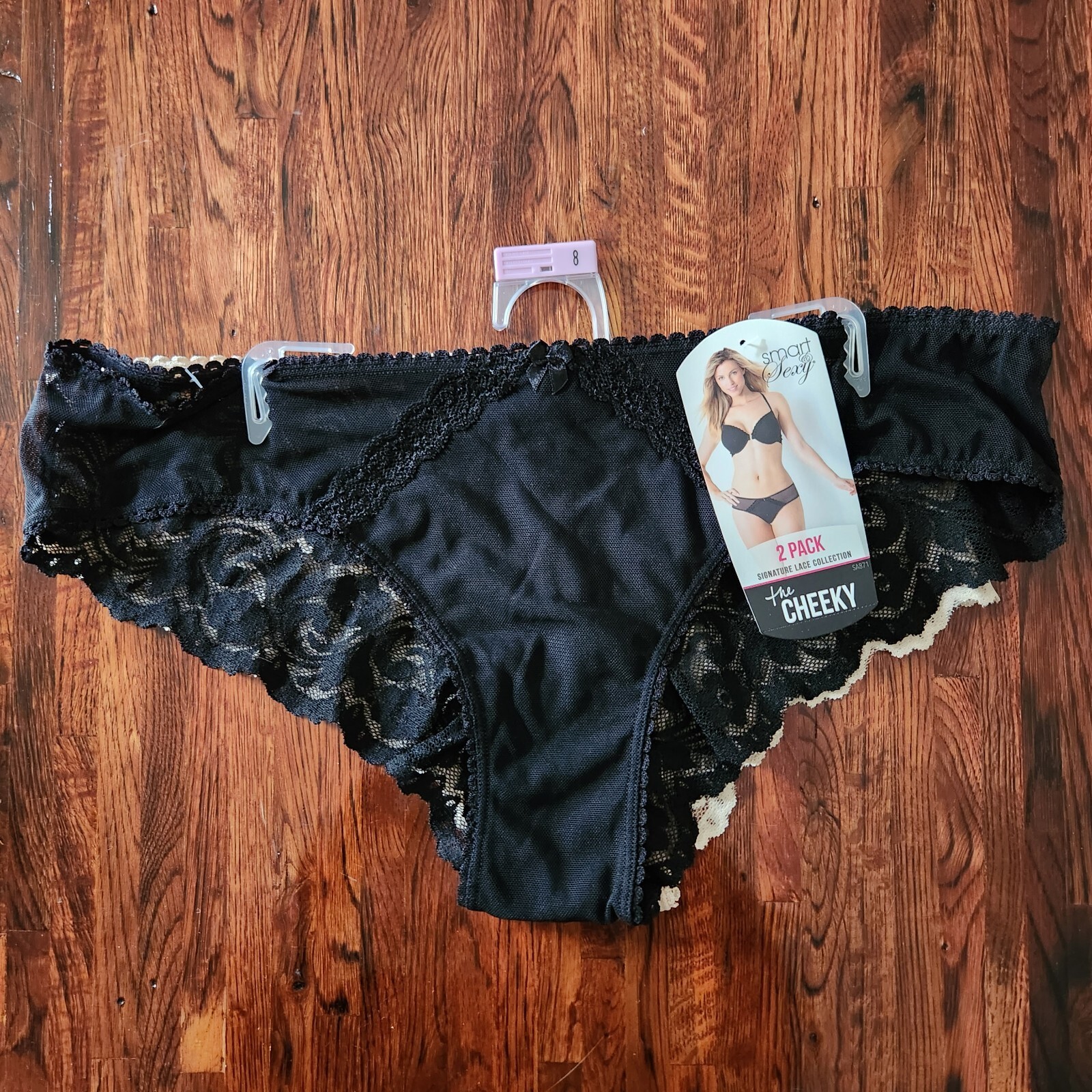Smart & Sexy Cheeky Panties Womens 8 Beige Black Sexy Lacy Underwear 2 Pack