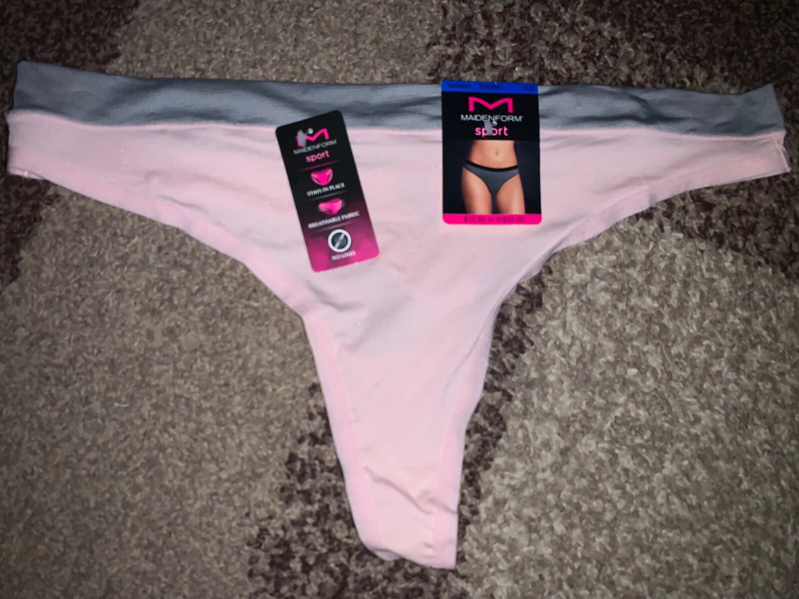 Nwt Maidenform Sport Breathable Thong Panty XL 8 DMMSMT Pale Pink & Gray