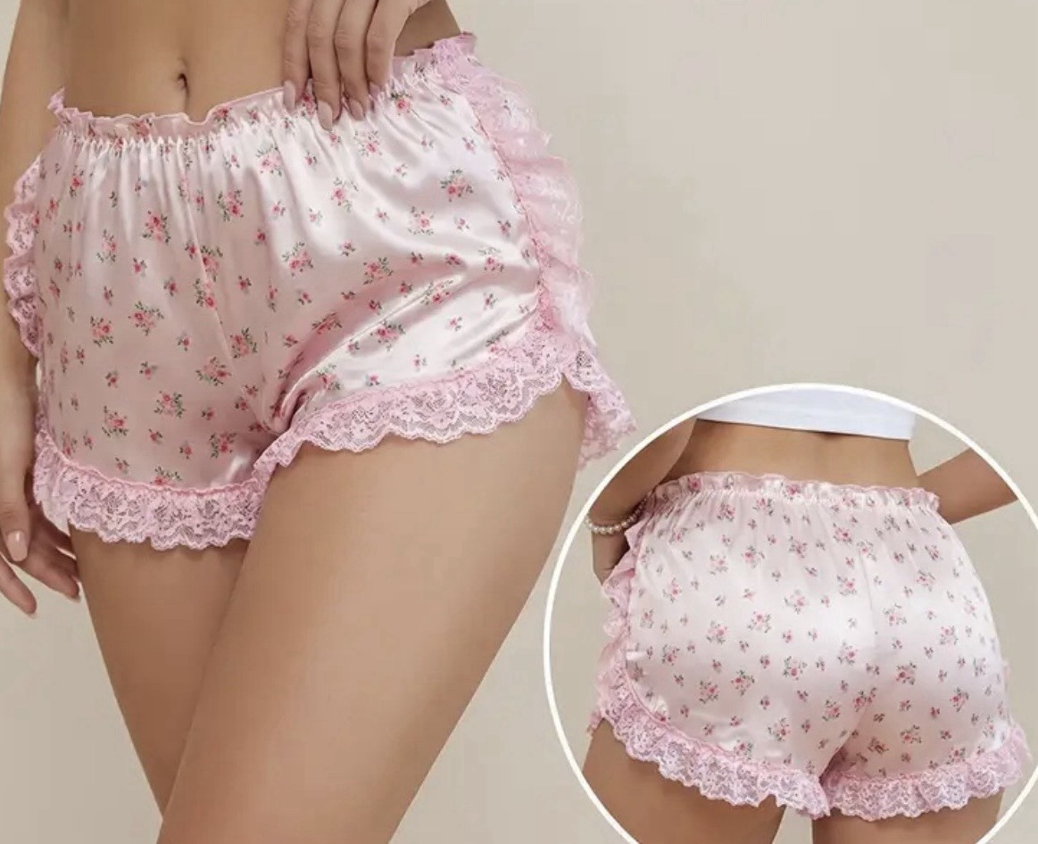 Pink Floral Satin w Ruffled Lace Boy Shorts Style Brief Lounge Pantie 3X 3XL NEW