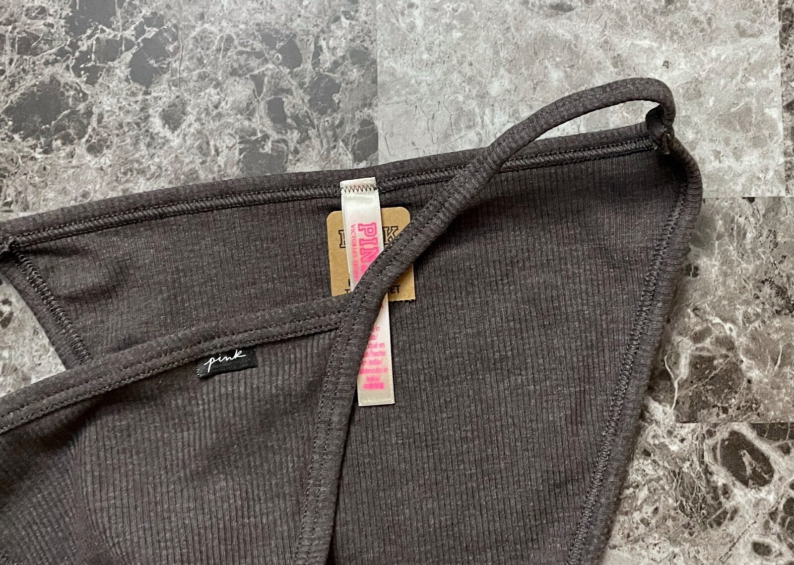 NWT VICTORIA’S SECRET PINK CHARCOAL GRAY RIBBED HIGH LEG STRING BIKINI PANTIES