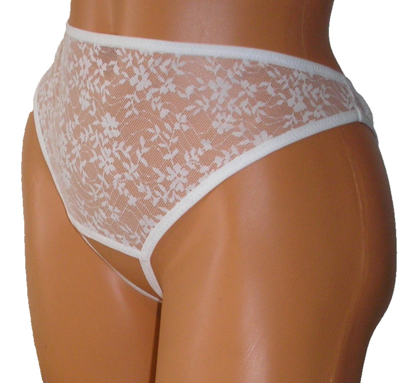 Panties Lingerie White Floral Lace Red Bow Detail Crotchless, XL Adult Gift