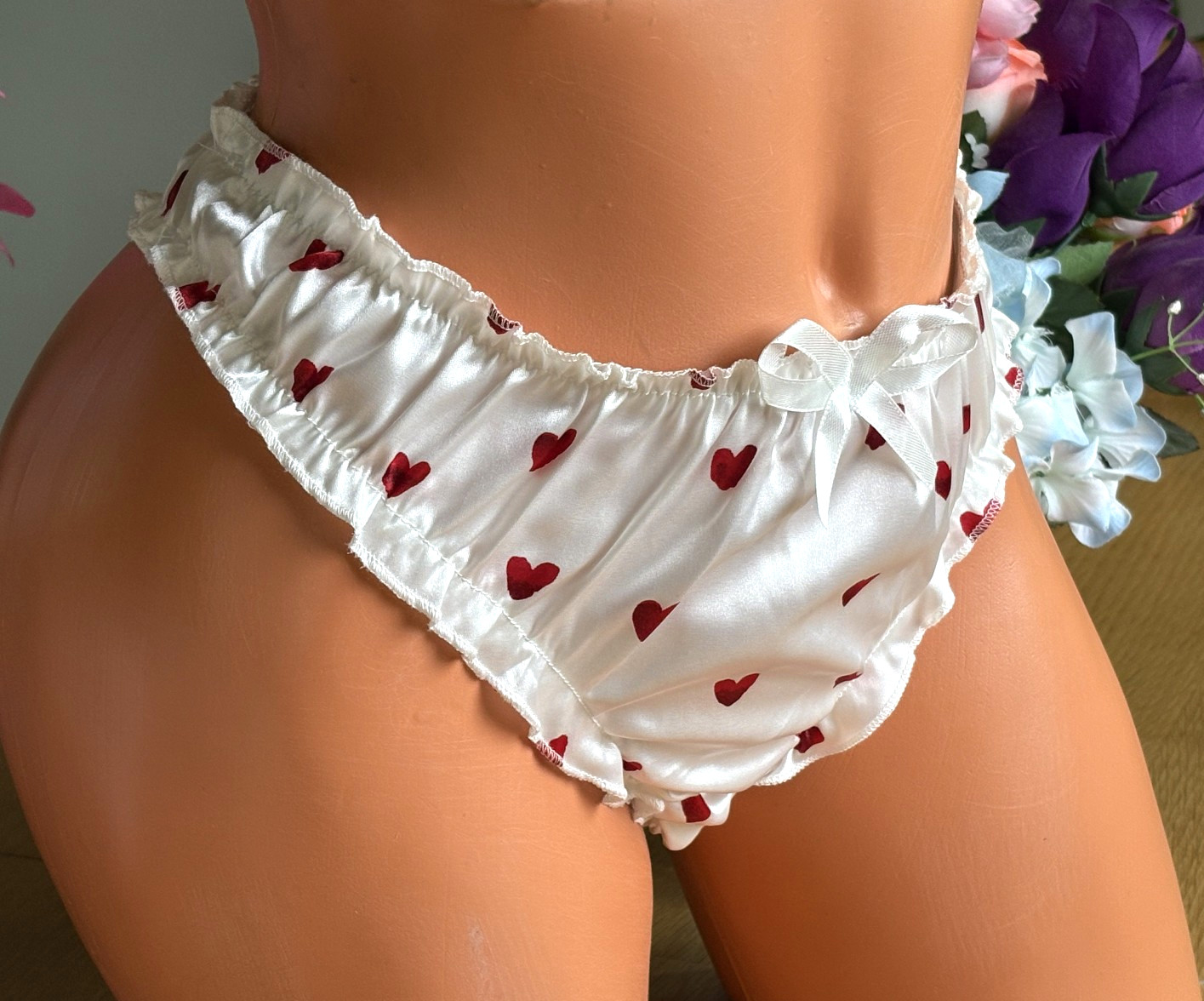 Red Hearts on White 8/XL Second Skin SATIN Cheeky Bikini Panties #SR32