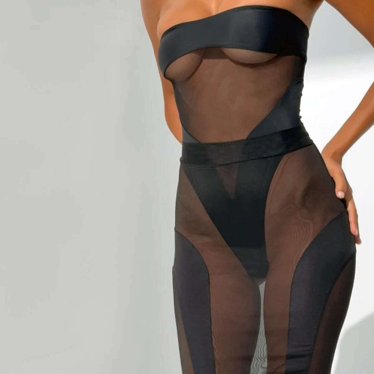 Ellolace Elegant Hot Sexy Lingerie See Through Strapless Bodysuit Half Dress 2PC