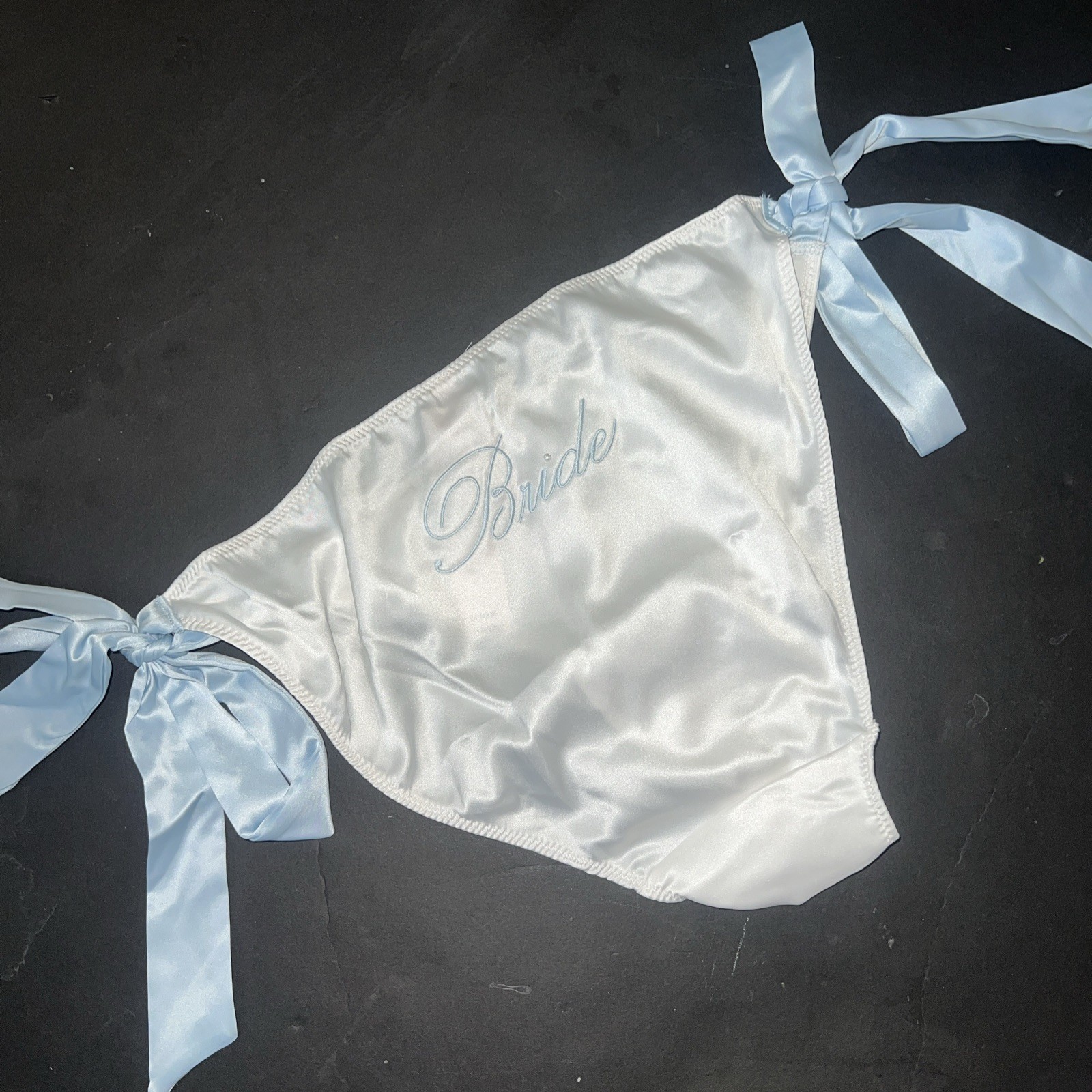 Victoria’s Secret L panty SATIN BLUE WHITE side tie BRIDE EMBROIDERY I DO BRIDAL