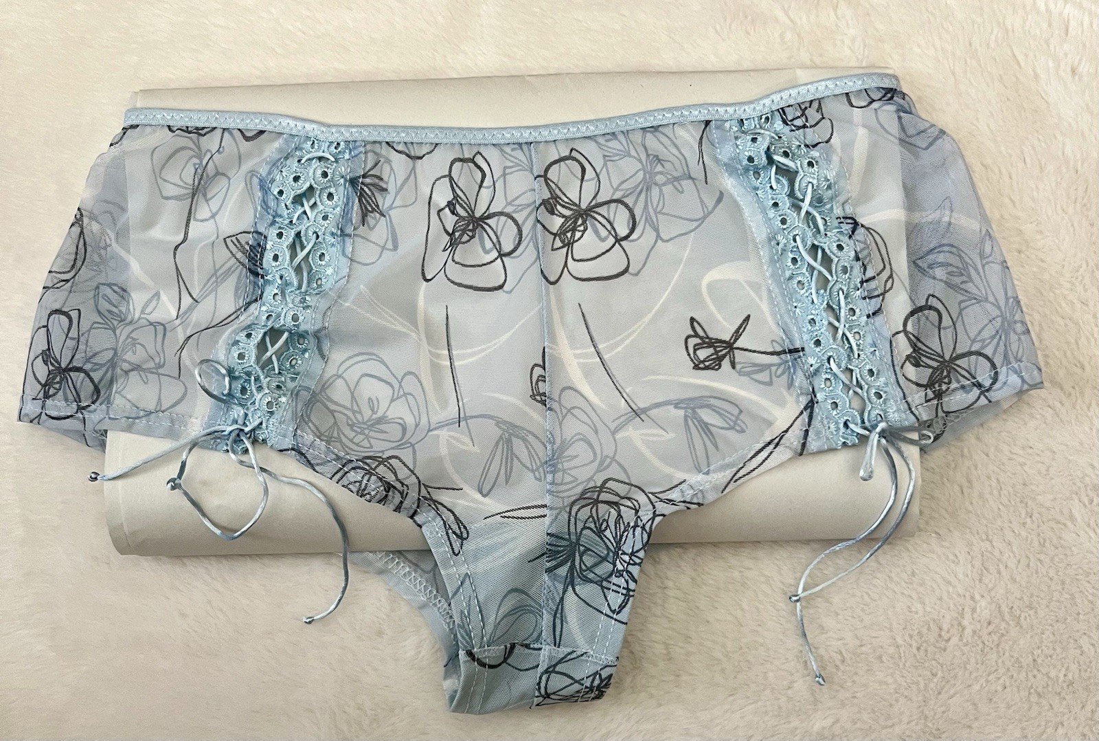 NWOT ~ ARIANNE womwns thong panties; size Large; Light blue mesh fabric w/ eyele