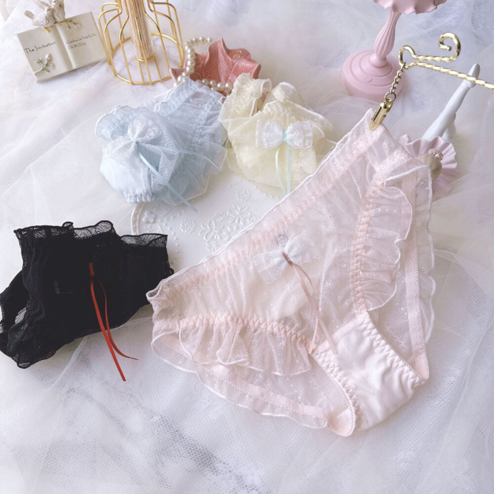Lady Sheer Lolita Underwear Lace Briefs Knickers Retro Bow Ruffle Mesh Underwear