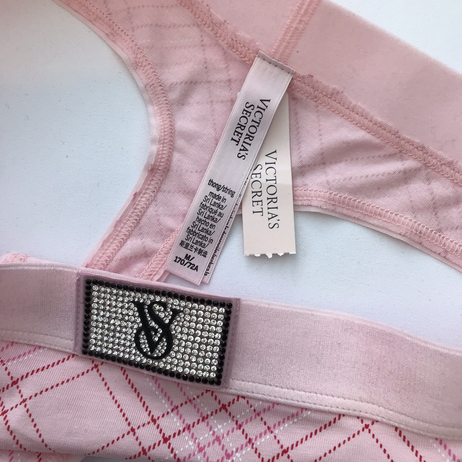 Victoria’s Secret Pink Check ‘VS’ Shine Logo Waistband Thong Panties Size M BNWT